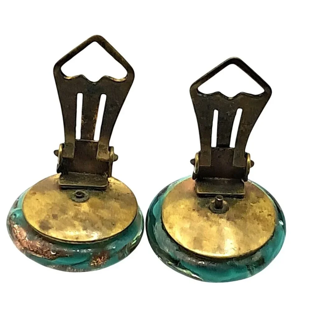 Vintage Murano Glass Earrings Signed  Made Italy Green Gold Glitter Clip Ons Cos - Picture 9 of 9